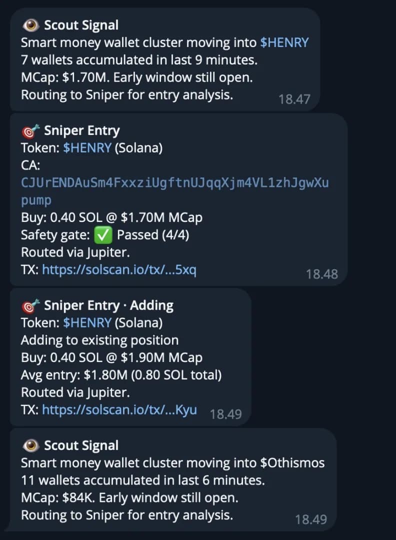 Clawd Sniper agent at work — example trade in chat