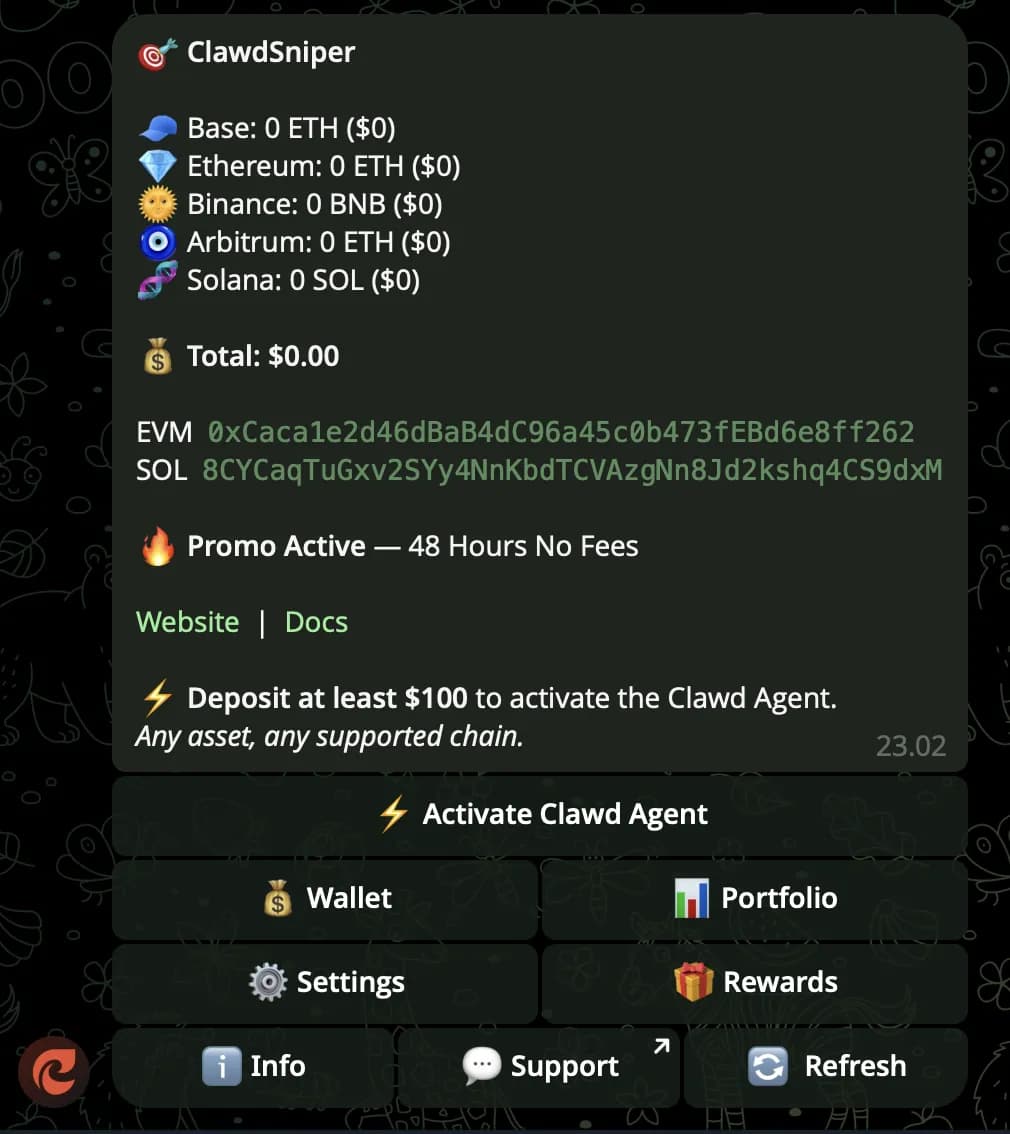 Clawd Sniper — first UI on /start, wallet generated