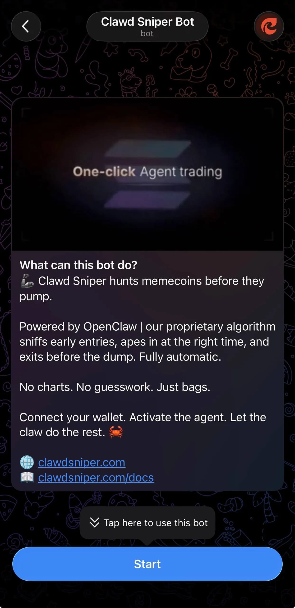 Clawd Sniper bot — Telegram welcome screen with /start command