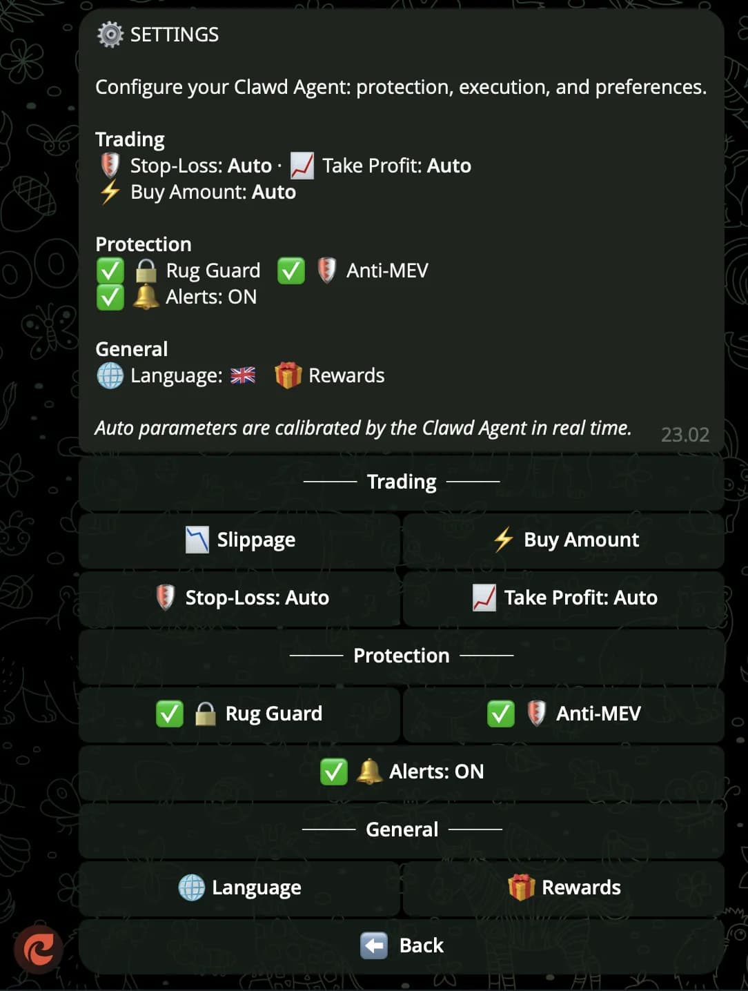 Clawd Sniper โ /settings screen with grouped controls